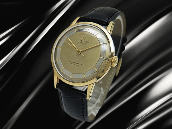 シチズン センターセコンド 17石 14K GOLD FILLED/SS Cマーク 変わり文字盤 社外レザー装着 アンティーク 手巻き CITIZEN CENTER-SECOND PARA SHOCK PHYNOX [代行おまかせコース]