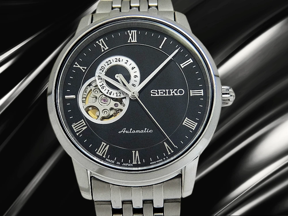 セイコー プレザージュ ベーシックライン SARY063 4R39-00M0 SS シースルー オープンハートブラックダイヤル 7連ブレス装着 オートマチック BOX・保証書・取説付属 SEIKO PRESAGE Basic Line [代行おまかせコース]