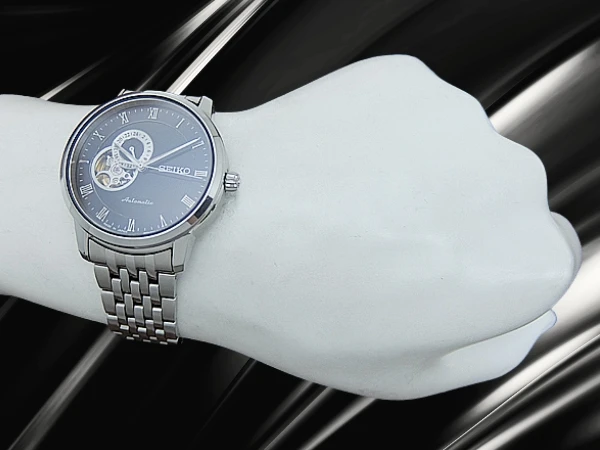 セイコー プレザージュ ベーシックライン SARY063 4R39-00M0 SS シースルー オープンハートブラックダイヤル 7連ブレス装着 オートマチック BOX・保証書・取説付属 SEIKO PRESAGE Basic Line [代行おまかせコース]