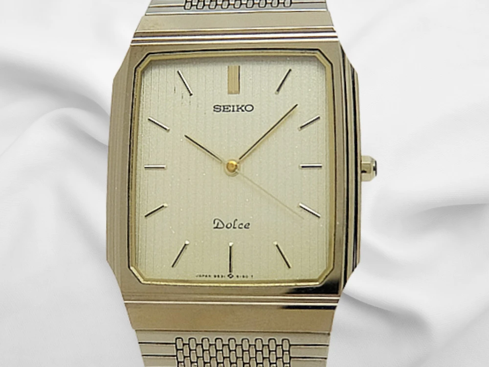 セイコー ドルチェ Ref.SACT039 9531-5160 タングステンカーバイド 超硬合金ケース スクエア ストライプ模様ゴールドダイヤル メッシュブレス装着 薄型クォーツ 2023年メーカーOH済 BOX・保証書・修理明細付属 SEIKO QUARTZ Dolce [代行おまかせコース]