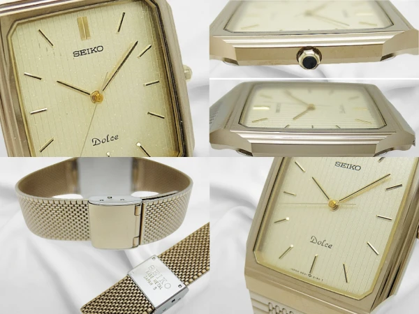 セイコー ドルチェ Ref.SACT039 9531-5160 タングステンカーバイド 超硬合金ケース スクエア ストライプ模様ゴールドダイヤル メッシュブレス装着 薄型クォーツ 2023年メーカーOH済 BOX・保証書・修理明細付属 SEIKO QUARTZ Dolce [代行おまかせコース]