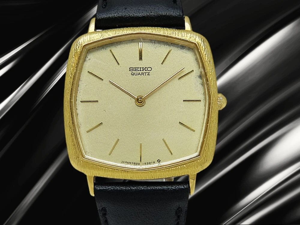 セイコー シャリオ 7820-5280 重量28g 18KYG 金無垢 スクエア 2針 ゴールドダイヤル 社外レザー装着 取説付属 クオーツ SEIKO CHARIOT [代行おまかせコース]