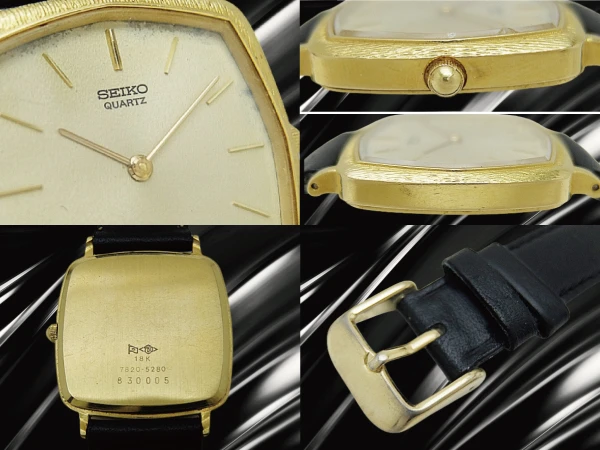 セイコー シャリオ 7820-5280 重量28g 18KYG 金無垢 スクエア 2針 ゴールドダイヤル 社外レザー装着 取説付属 クオーツ SEIKO CHARIOT [代行おまかせコース]