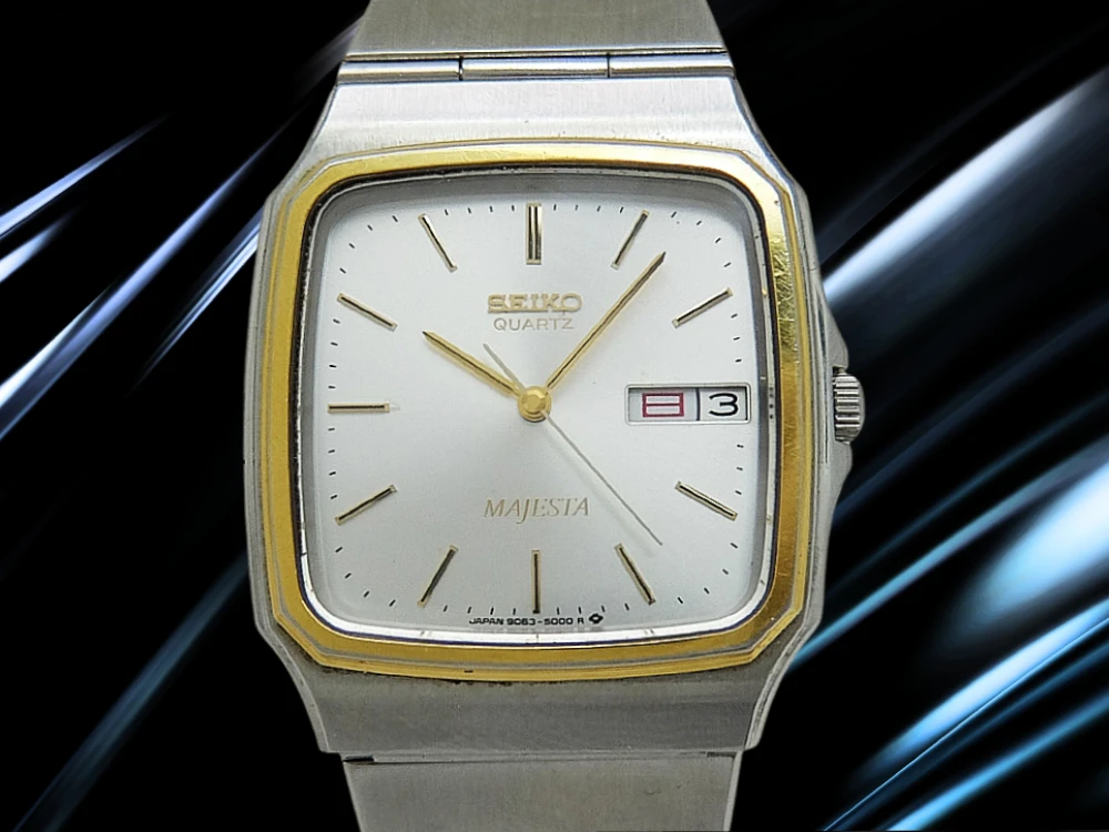 セイコー マジェスタ 9063-5000 SS/SGP 薄型 スクエア シルバーダイヤル デイデイト ワンプッシュ式ブレス装着 クオーツ SEIKO MAJESTA [代行おまかせコース]