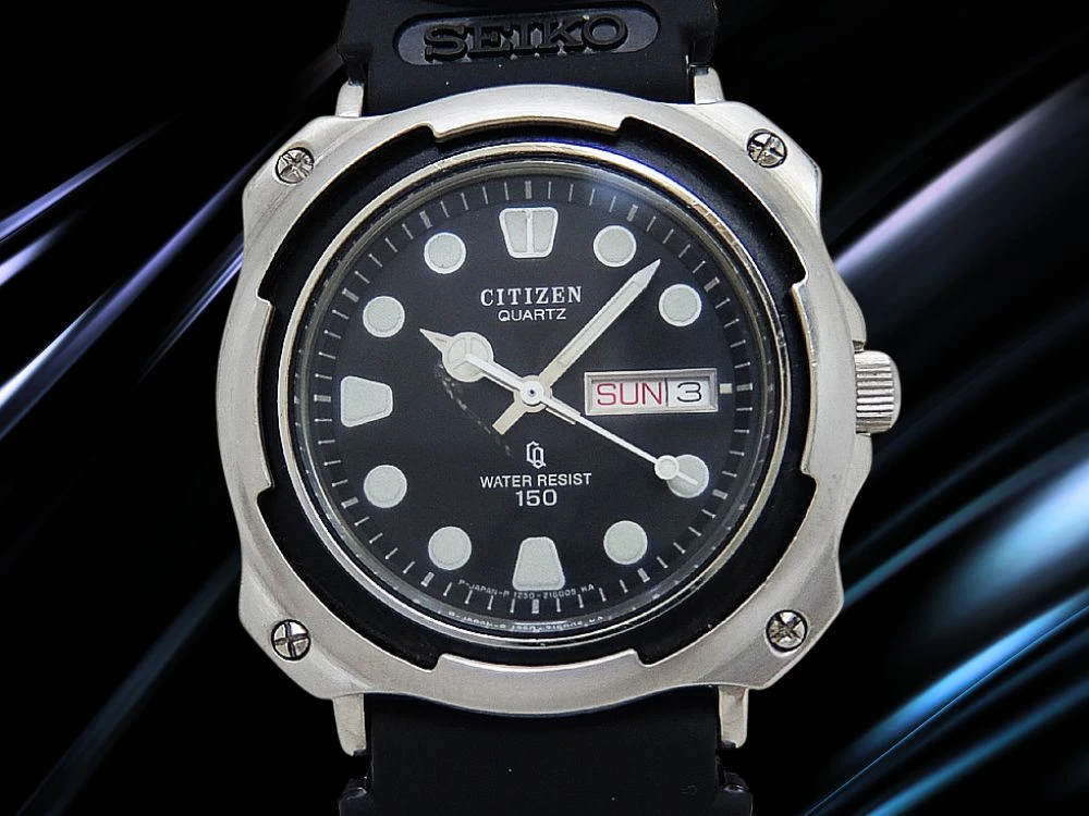シチズン ヴィンテージダイバー150m 1250-14048 SS 多角形 ブラックダイヤル SEIKOウレタン装着 クオーツ CITIZEN QUARTZ [代行おまかせコース]