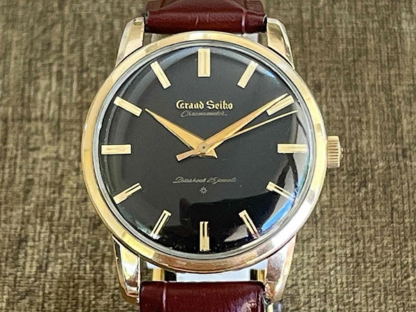 グランドセイコー ファーストモデル J14070 ブラックミラーダイヤル 14K GOLD FILLED CHRONOMETER アップライトロゴ 獅子メダリオン