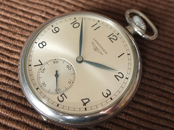 ロンジン LONGINES 懐中時計 手巻 ニッケルケース ブルースチール針 全数字アラビア文字盤 初期モデル BOX付