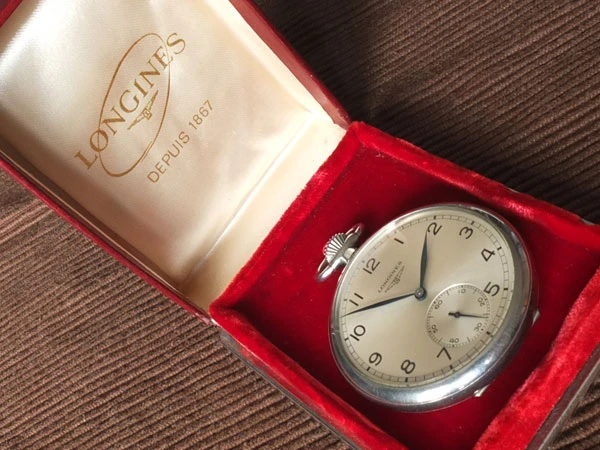 ロンジン LONGINES 懐中時計 手巻 ニッケルケース ブルースチール針 全数字アラビア文字盤 初期モデル BOX付