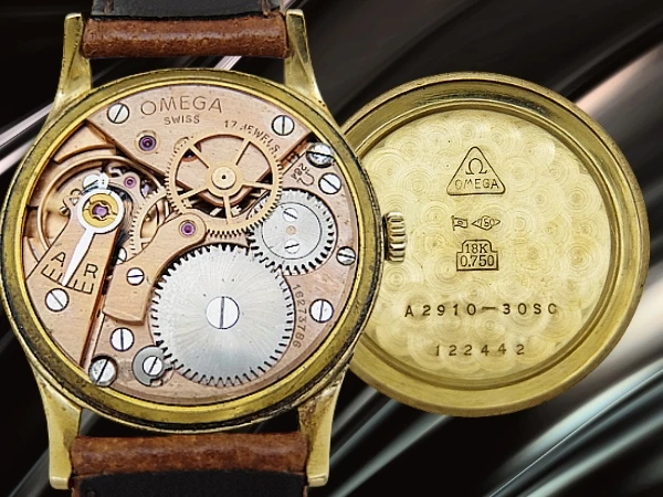 オメガ 重量30g 18KYG 金無垢 30mmキャリバー Ref.A2910-30SC Cal.284 ブラックダイヤル センターセコンド 社外レザー+Ω尾錠装着 手巻き OMEGA 30mm [代行おまかせコース]