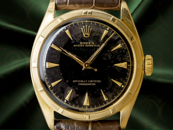 ロレックス セミバブルバック オイスターパーペチュアル Ref.6085 ブラックミラー ギルトダイヤル エンジンターンドベゼル 14KYG 本体重量40g ROLEX Semi-Bubbleback [ 代行おまかせコース ]