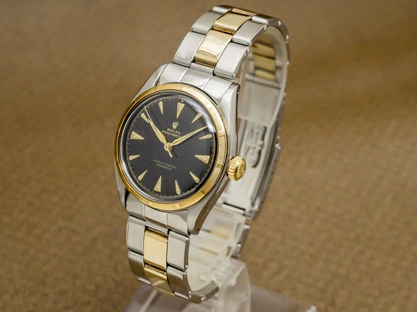 ロレックス セミバブルバック オイスターパーペチュアル Ref.6085 ブラックミラー ギルトダイヤル YG/SS コンビ エンジンターンドベゼル コンビリベットブレス仕様 ROLEX Semi-Bubbleback [ 代行おまかせコース ]