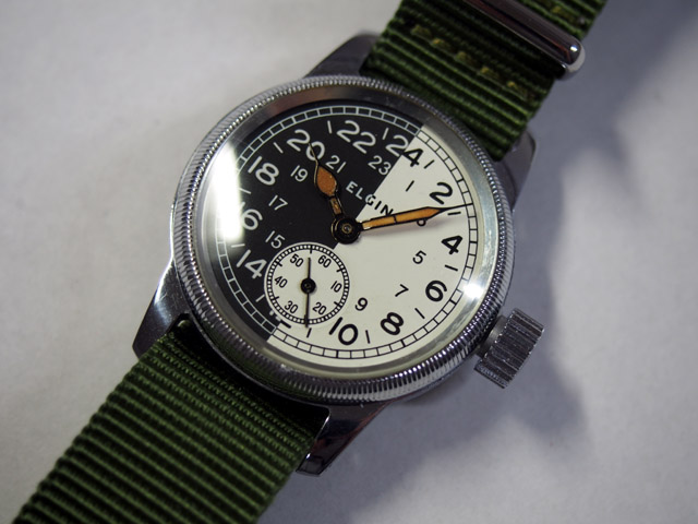エルジン アメリカ軍用 24時間時計 ミリタリー スモールセコンド 白黒 