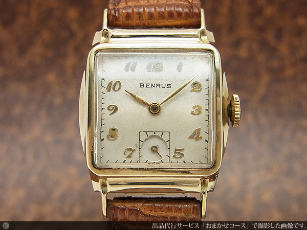 【本物保証】 ベンラス BENRUS アンティーク調 メンズ 手巻き 腕時計 スモールセコンド GP レザー